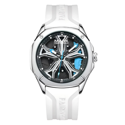 Watch with a white strap and black face on a white background