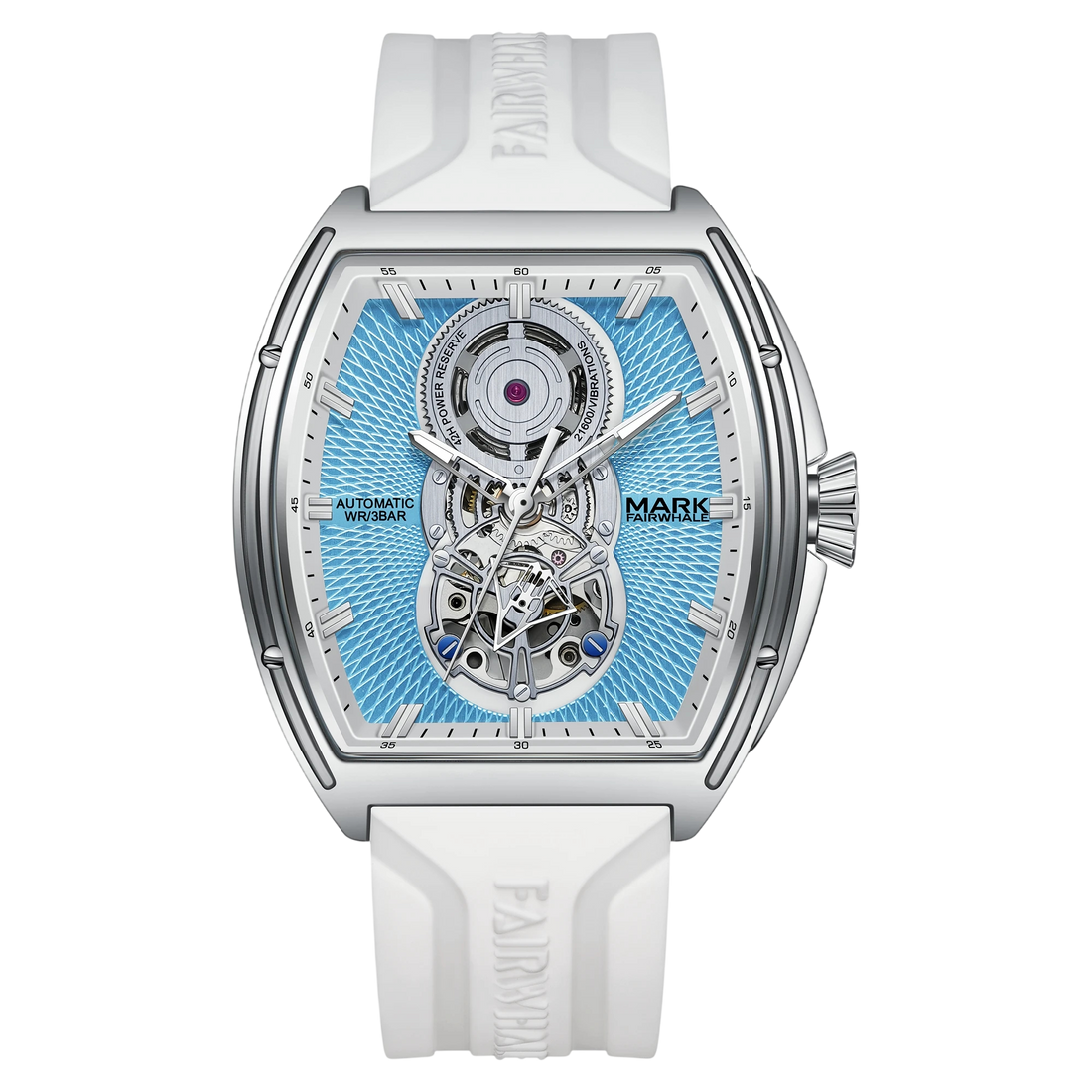 Watch with a white strap and blue face on a white background