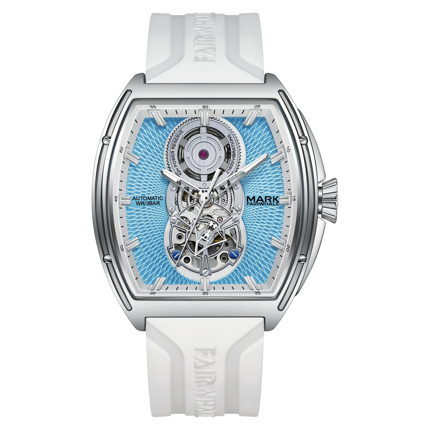 Watch with a white strap and blue face on a white background