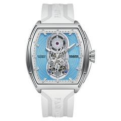 Watch with a white strap and blue face on a white background
