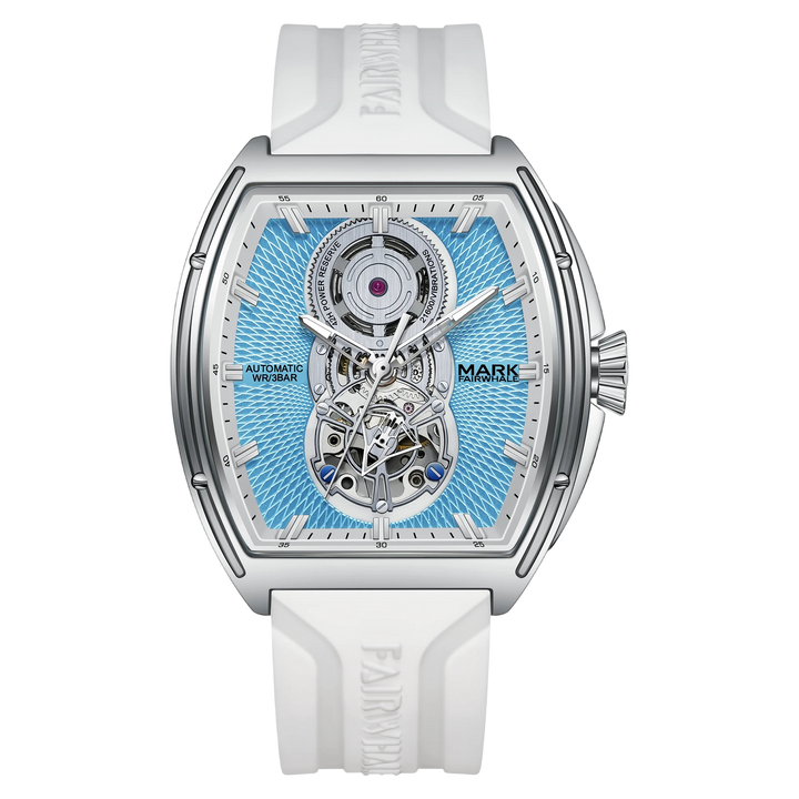 Watch with a white strap and blue face on a white background