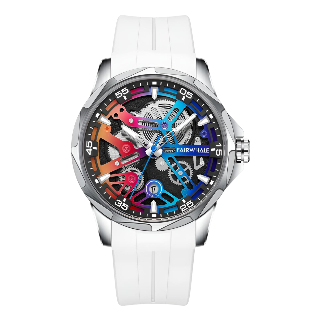 Watch with a white strap and colorful face on a white background