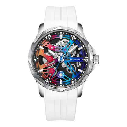 Watch with a white strap and colorful face on a white background