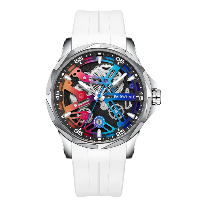 Watch with a white strap and colorful face on a white background