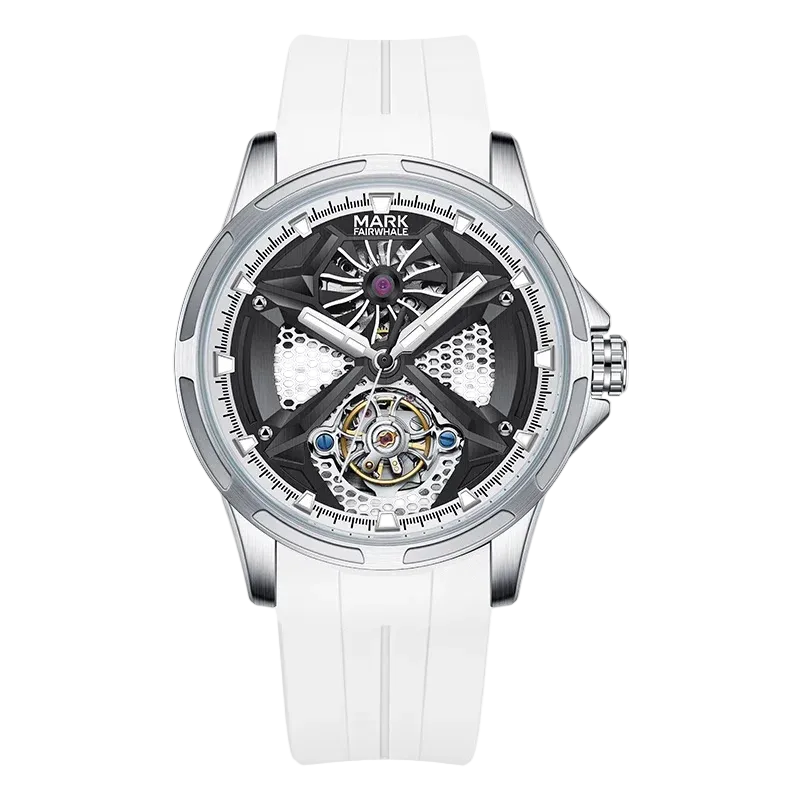 Watch with a white strap and silver case on a white background