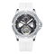 Watch with a white strap and silver case on a white background