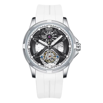 Watch with a white strap and silver case on a white background