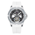 Watch with a white strap and silver case on a white background