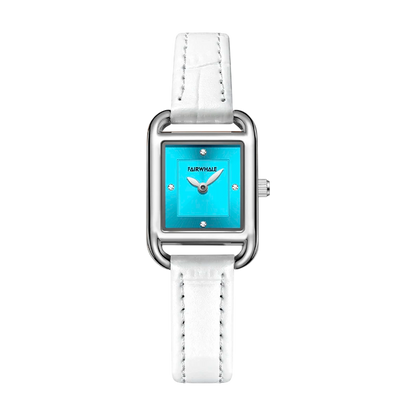 Watch with a white strap and turquoise face on a white background