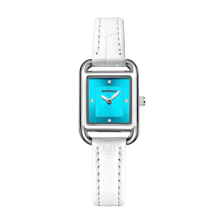 Watch with a white strap and turquoise face on a white background