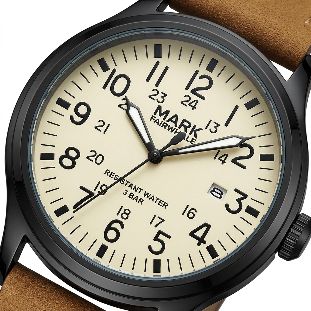 Watch with beige dial and brown leather strap on a white background