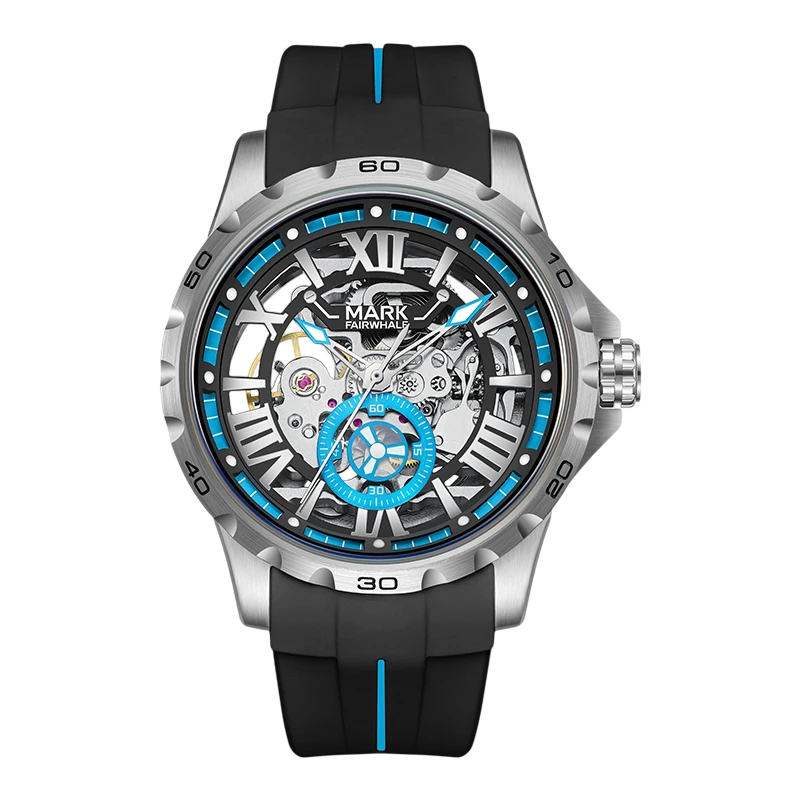 Watch with black strap and blue accents on a white background