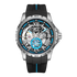 Watch with black strap and blue accents on a white background