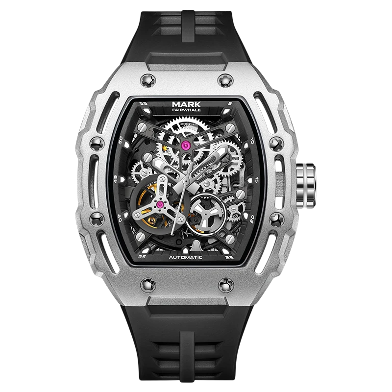 Watch with black strap and silver case on a white background