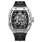 Watch with black strap and silver case on a white background