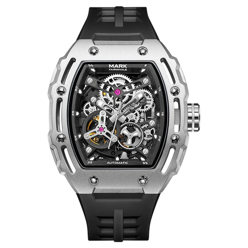 Watch with black strap and silver case on a white background