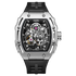 Watch with black strap and silver case on a white background