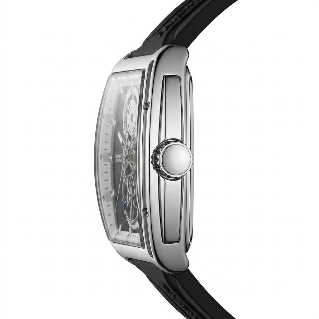 Watch with black strap and silver case on a white background