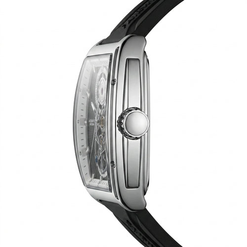 Watch with black strap and silver case on a white background