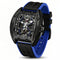Watch with black and blue strap on a white background
