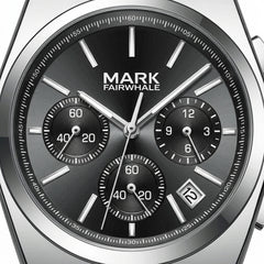 Watch with black dial and silver case, featuring the brand 'Mark Fairwhale'.