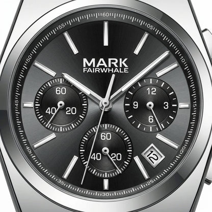 Watch with black dial and silver case, featuring the brand &