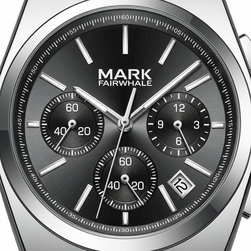 Watch with black dial and silver case, featuring the brand &