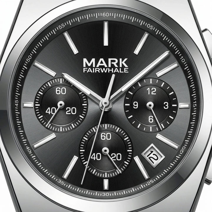Watch with black dial and silver case, featuring the brand &