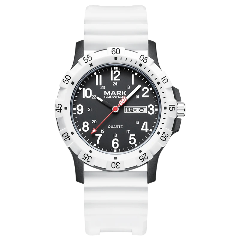 Watch with black dial and white strap on a white background