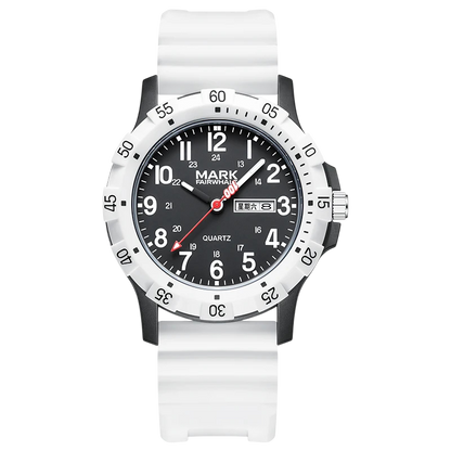 Watch with black dial and white strap on a white background
