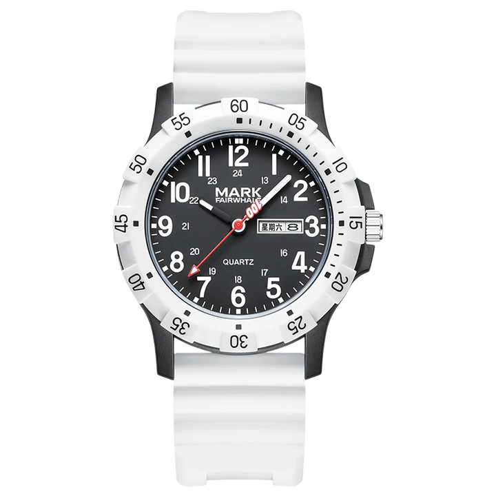 Watch with black dial and white strap on a white background