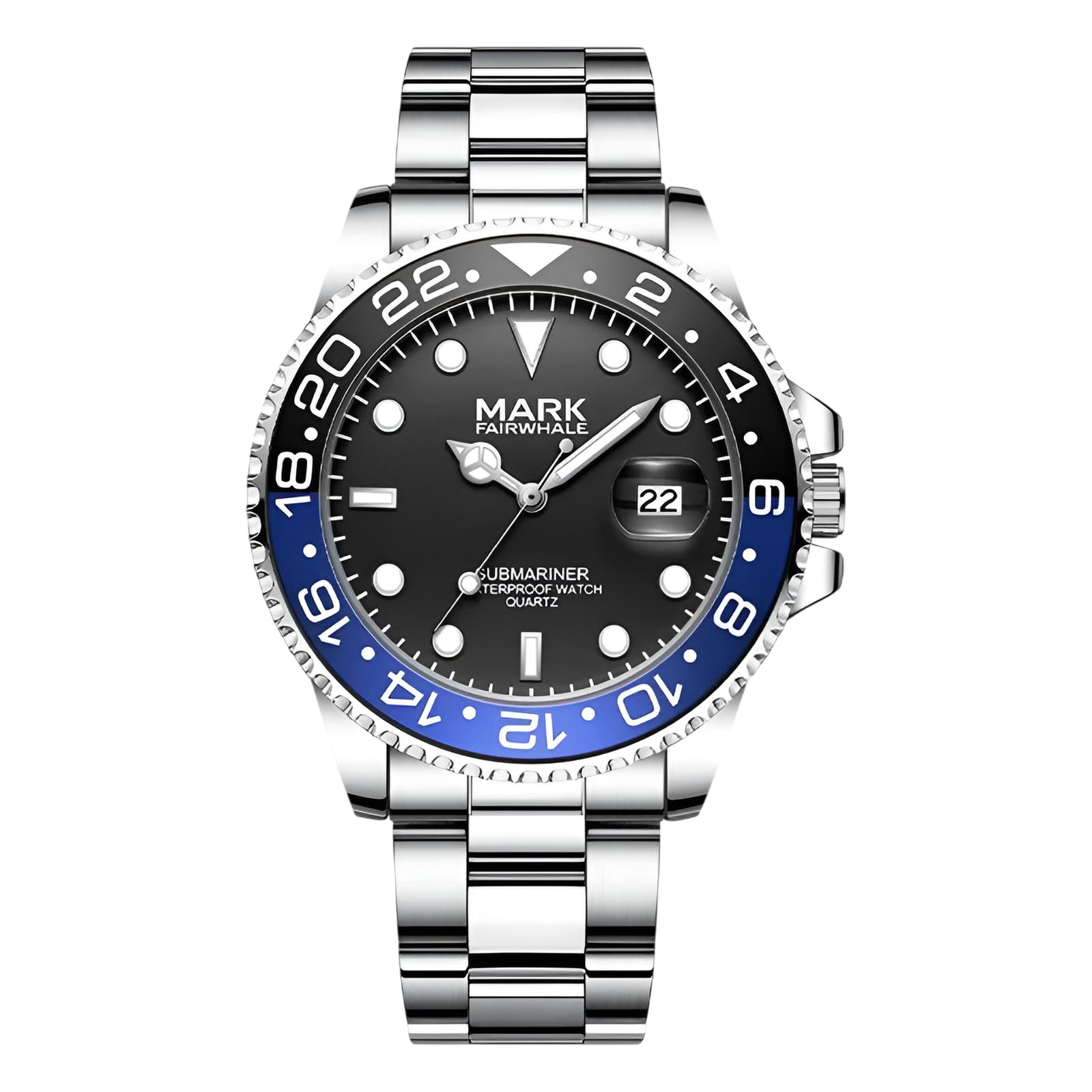Watch with black dial, blue bezel, and silver bracelet on a white background