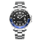 Watch with black dial, blue bezel, and silver bracelet on a white background