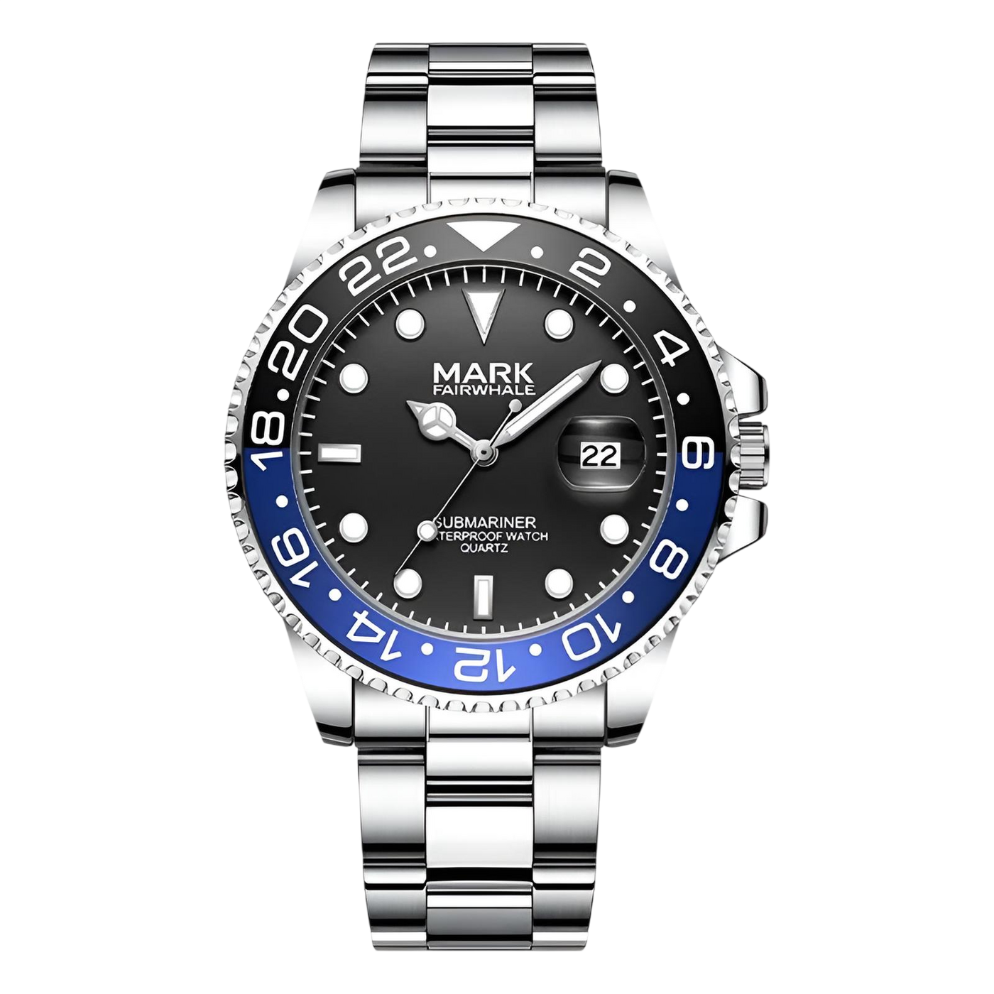 Watch with black dial, blue bezel, and silver bracelet on a white background