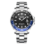 Watch with black dial, blue bezel, and silver bracelet on a white background