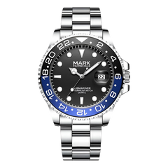 Watch with black dial, blue bezel, and silver bracelet on a white background