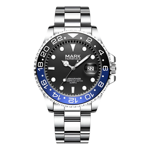 Watch with black dial, blue bezel, and silver bracelet on a white background