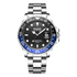 Watch with black dial, blue bezel, and silver bracelet on a white background
