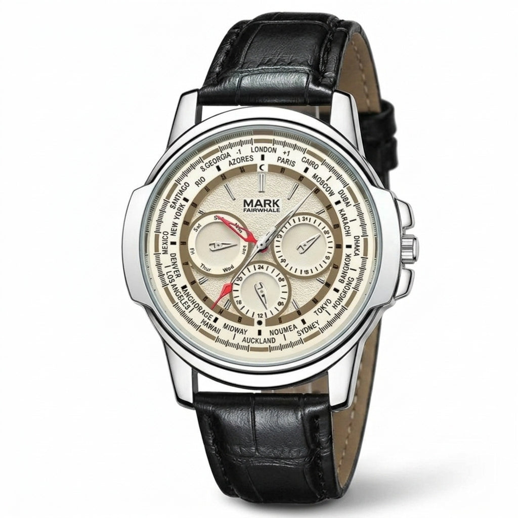 Watch with black leather strap and detailed face on a white background