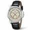 Watch with black leather strap and detailed face on a white background