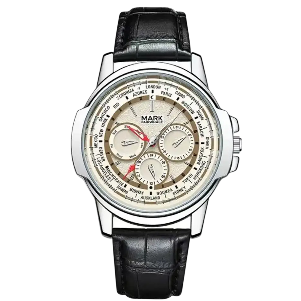 Watch with black leather strap and detailed face on a white background