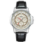 Watch with black leather strap and detailed face on a white background
