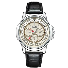 Watch with black leather strap and detailed face on a white background