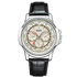 Watch with black leather strap and detailed face on a white background