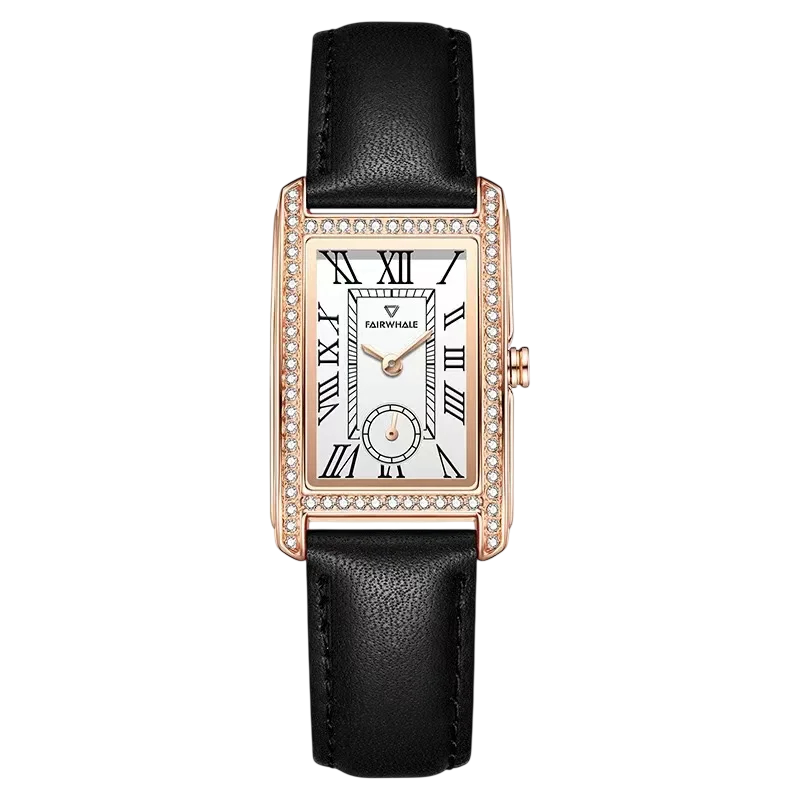 Watch with black leather strap and rose gold case on a white background
