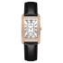 Watch with black leather strap and rose gold case on a white background