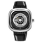 Watch with black leather strap and silver case on a white background