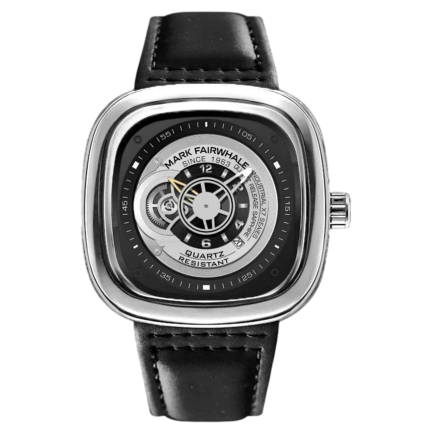 Watch with black leather strap and silver case on a white background