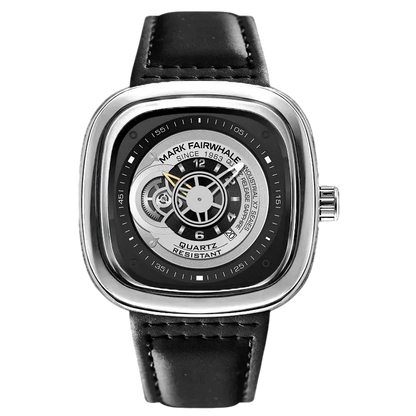 Watch with black leather strap and silver case on a white background