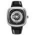 Watch with black leather strap and silver case on a white background